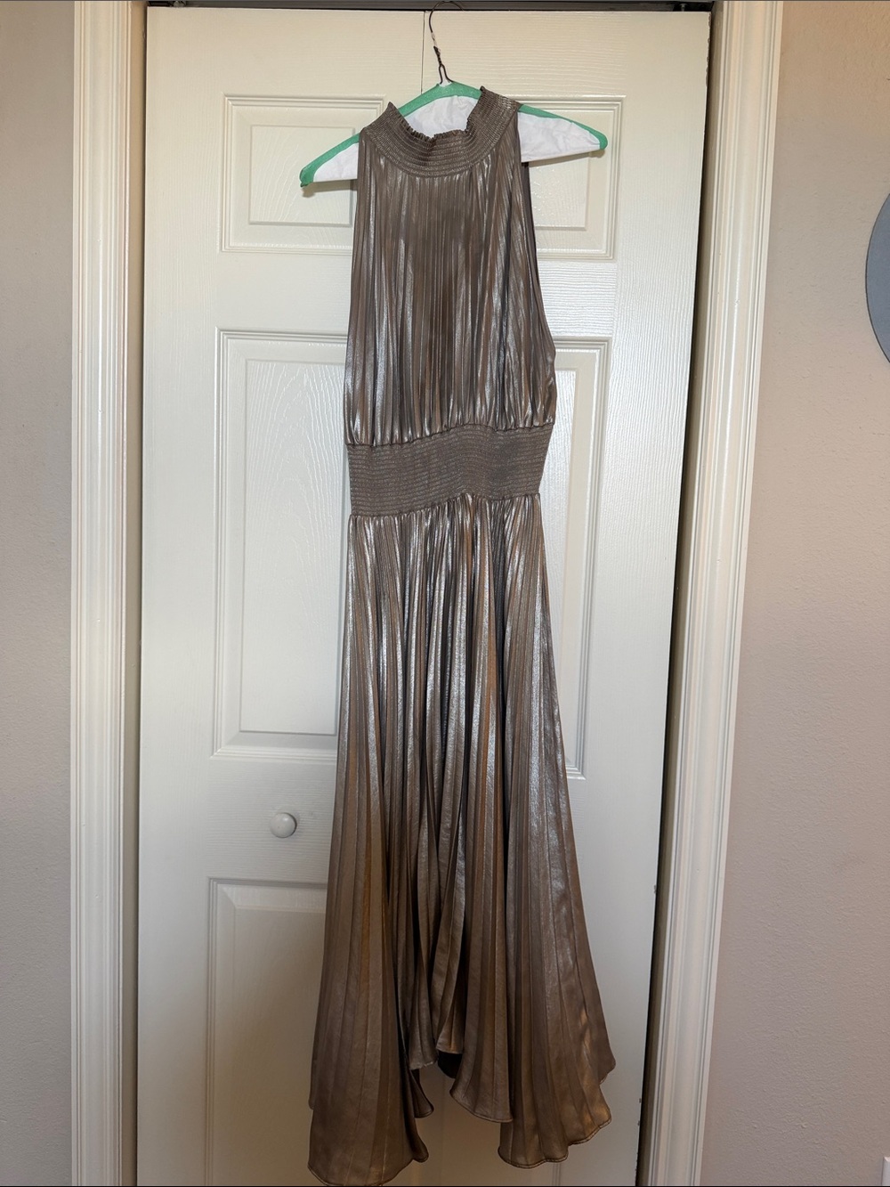 A.L.C. Metallic Taupe High-Low Pleated Halter Dress